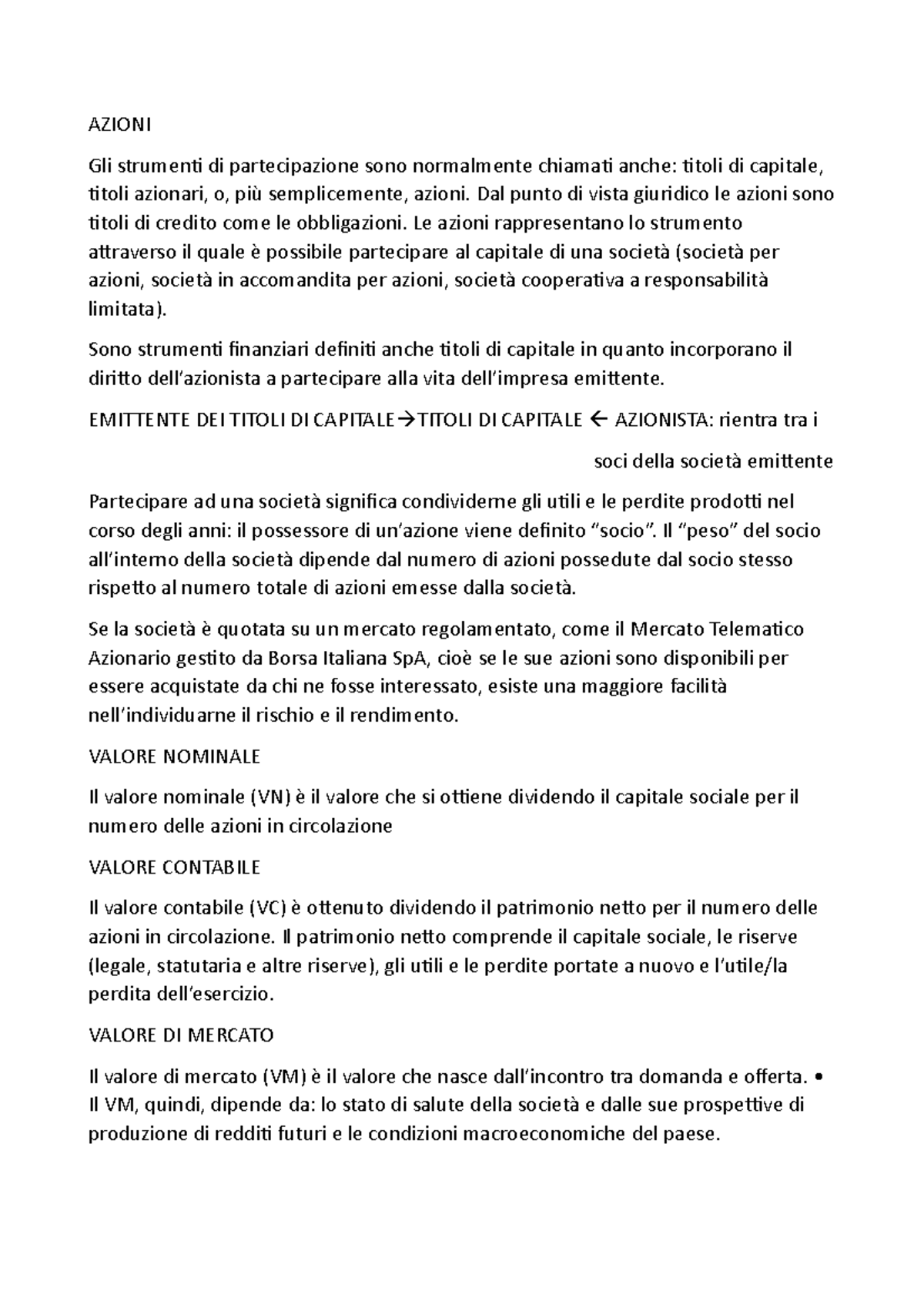 Economia degli intermediari finanziari AZIONI Gli