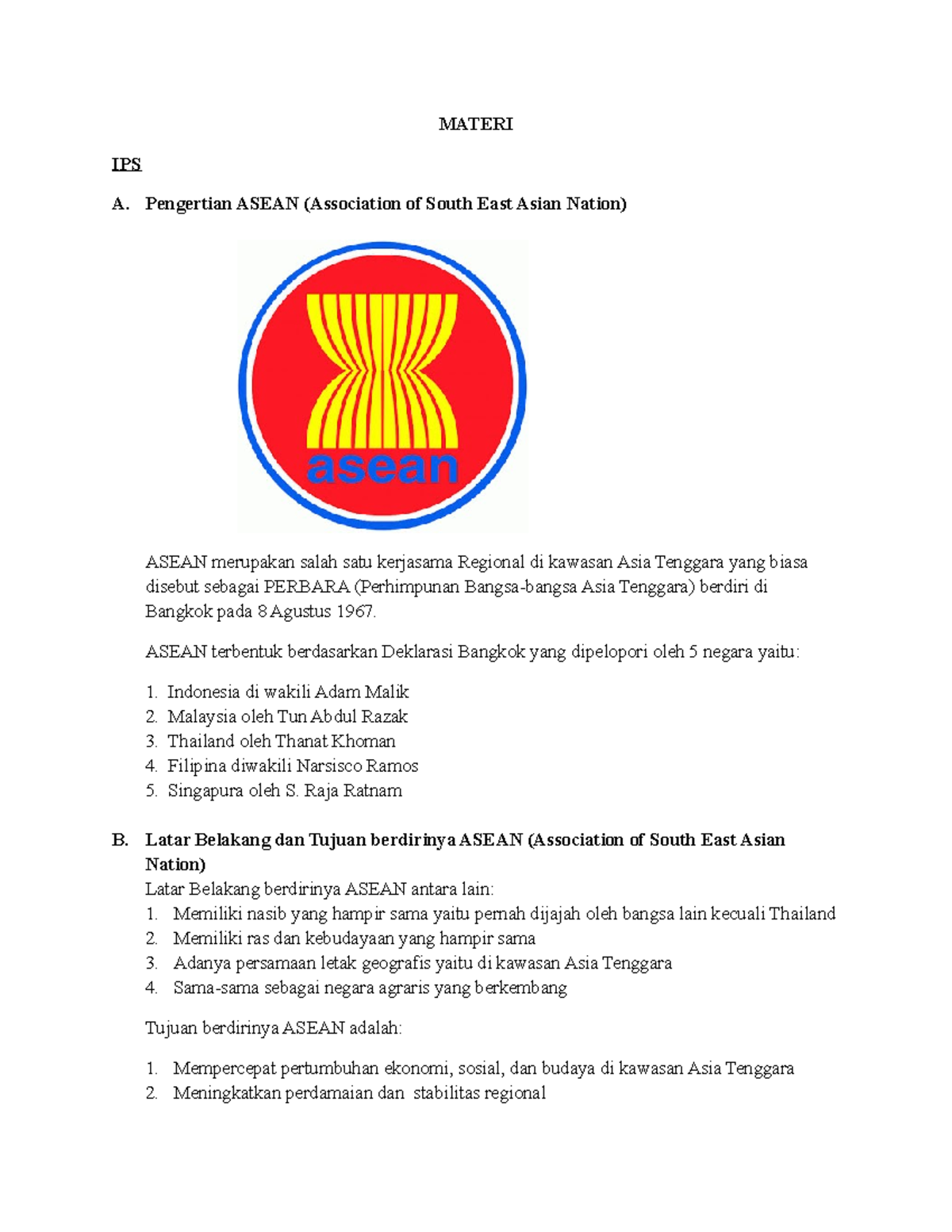 Materi IPS - MATERI IPS A. Pengertian ASEAN (Association of South East ...