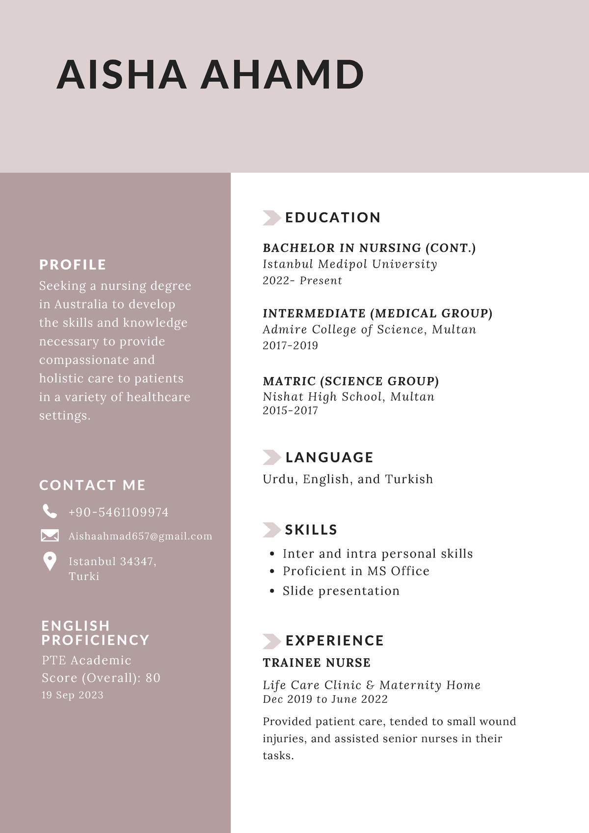 Aisha Ahmad Updated CV - P R O F I L E Seeking a nursing degree in ...