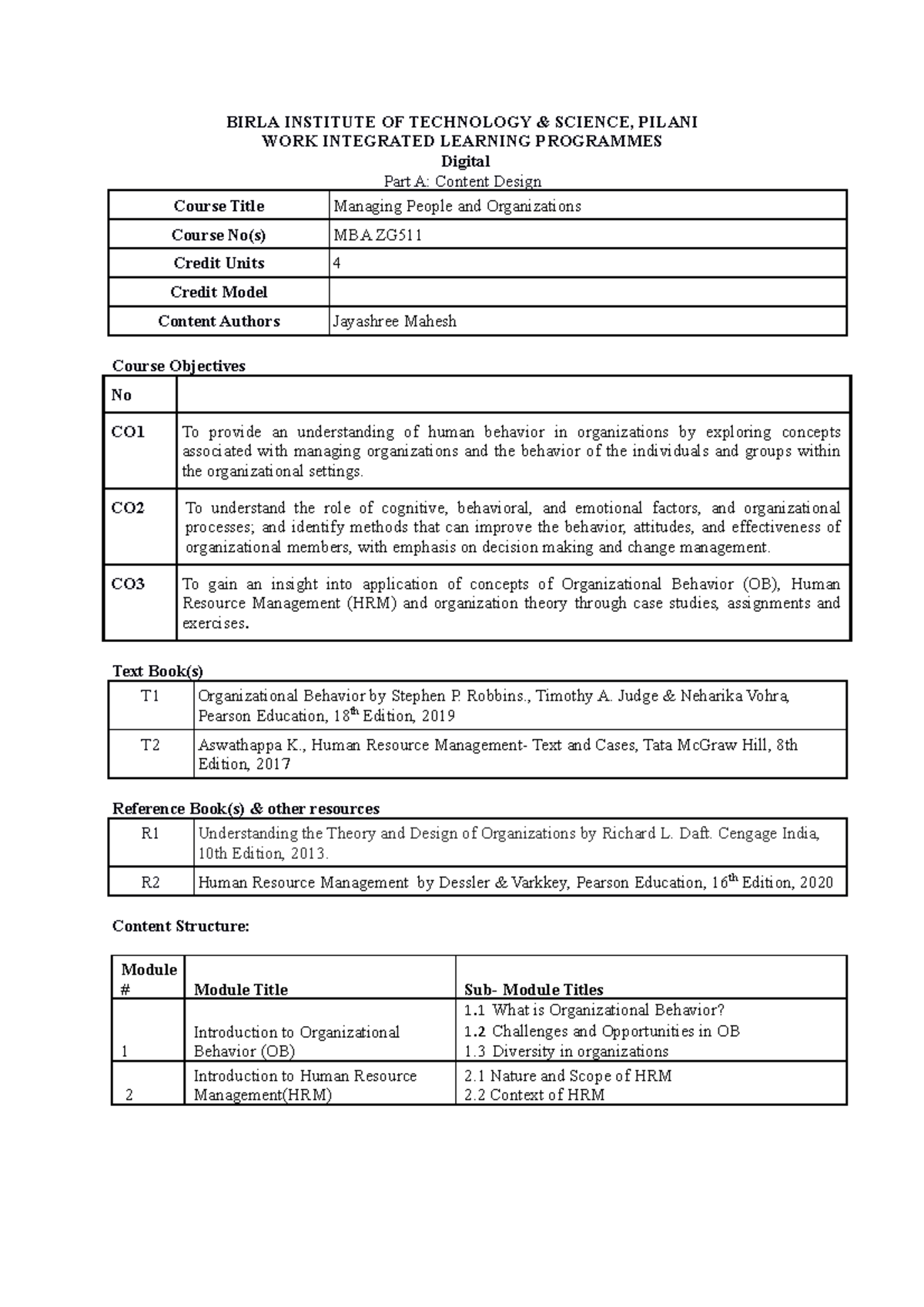 MBA ZG511 Revised Course Handout MPO - BIRLA INSTITUTE OF TECHNOLOGY ...