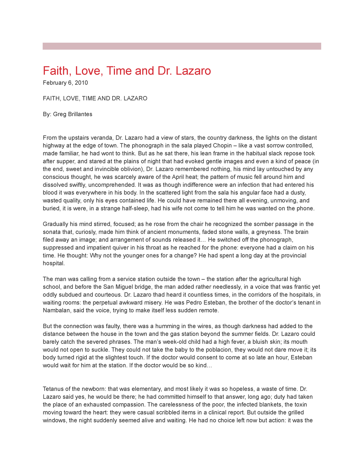 Faith, Love, Time, and Dr. Lazaro - Monday, April 26, 2010 Faith, Love ...