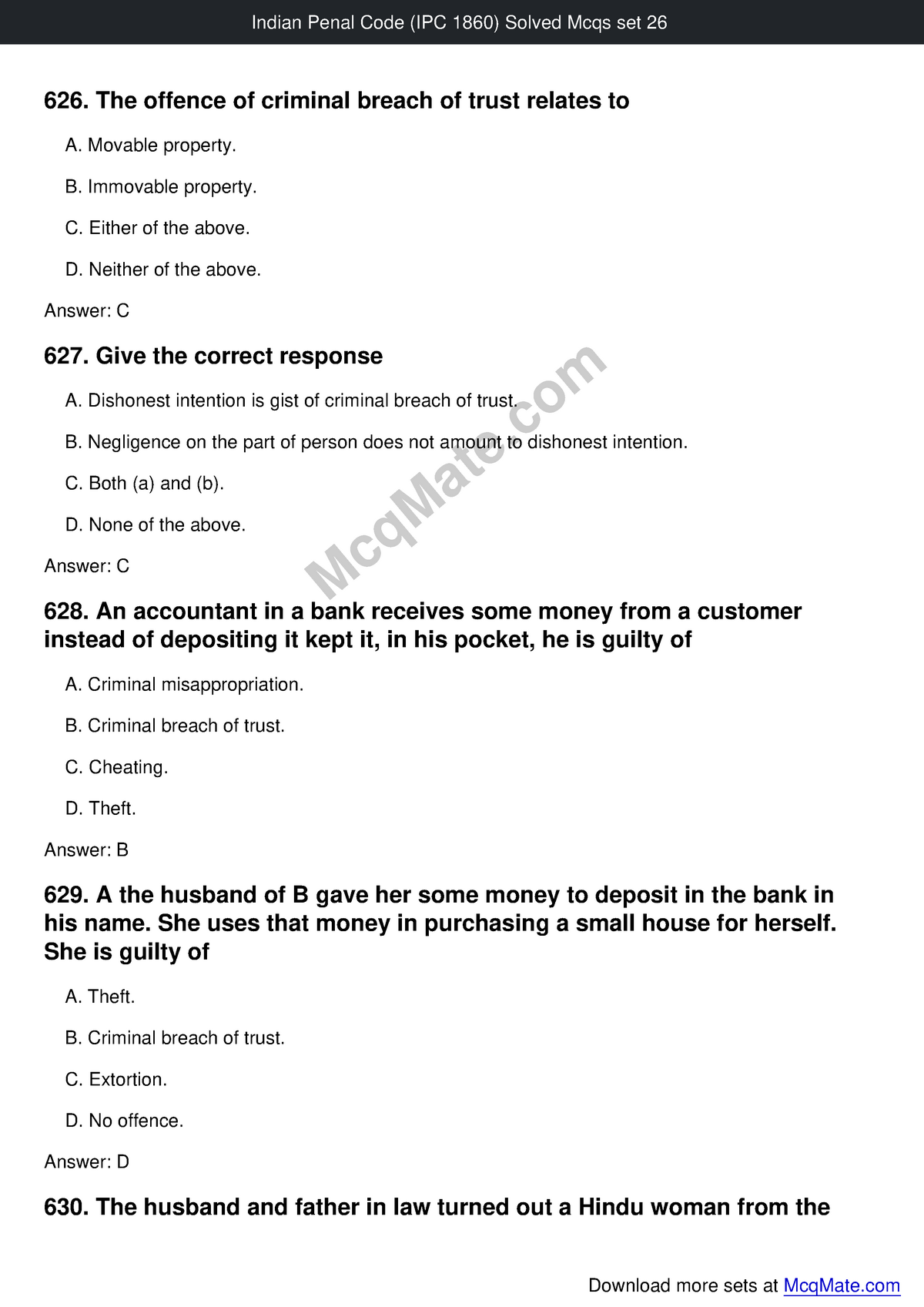 Indian Penal Code Ipc 1860 Solved Mcqs Set 26 Mcq Ma 626 The Offence Of Criminal Breach Of 1841