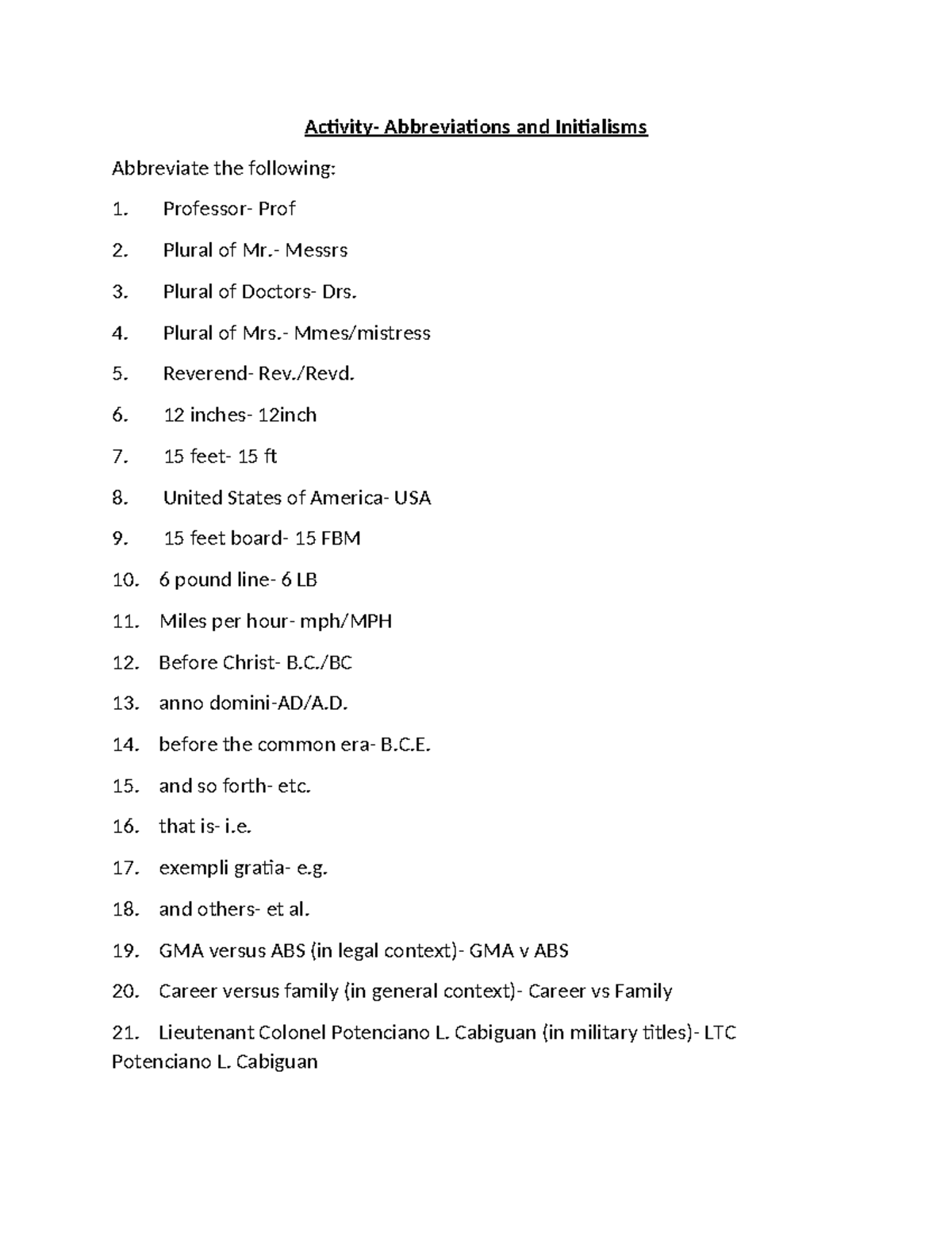 Activity- Abbreviations and Initialisms - Activity- Abbreviations and ...
