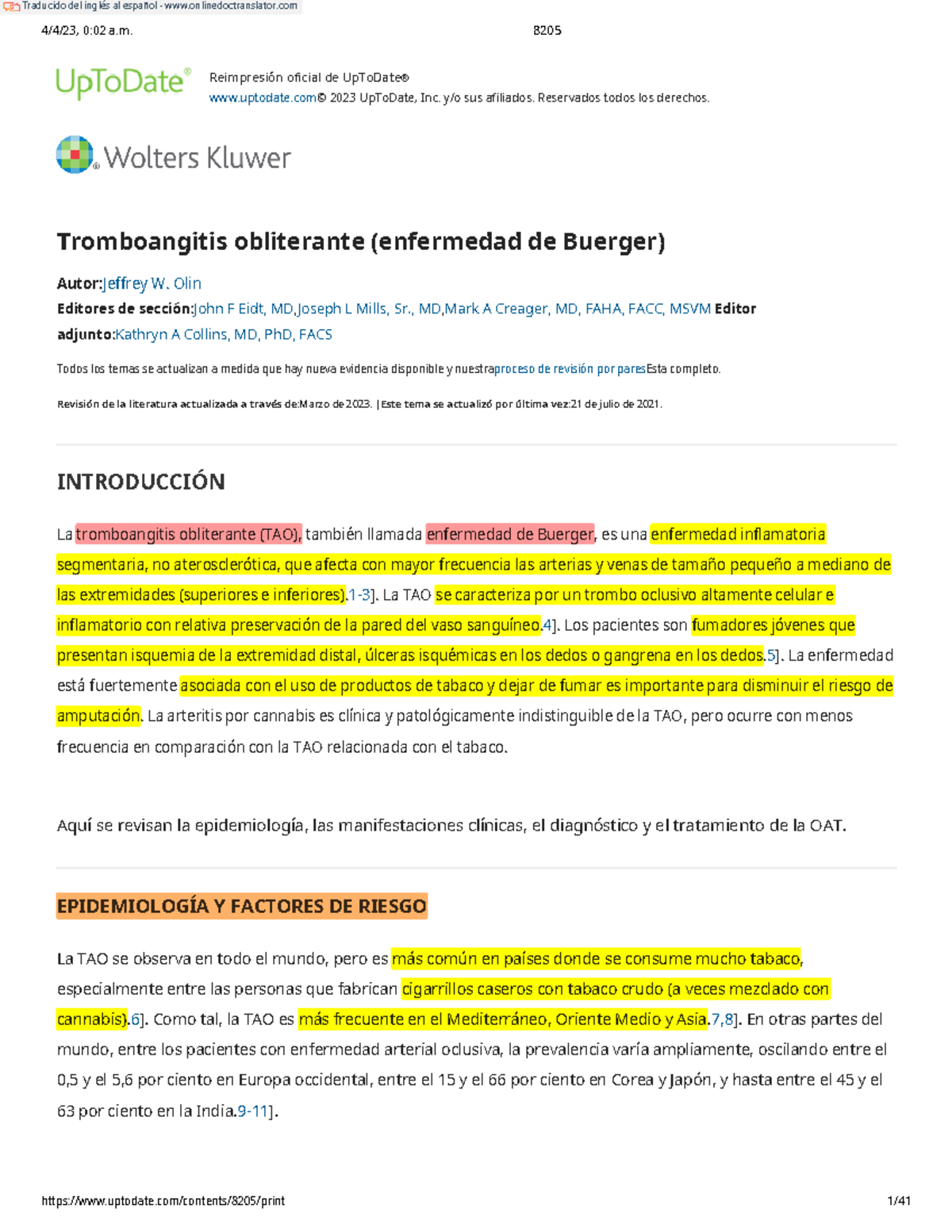 Buerger’S Disease 4/4/23, 002 a. 8205 Reimpresión oficial de