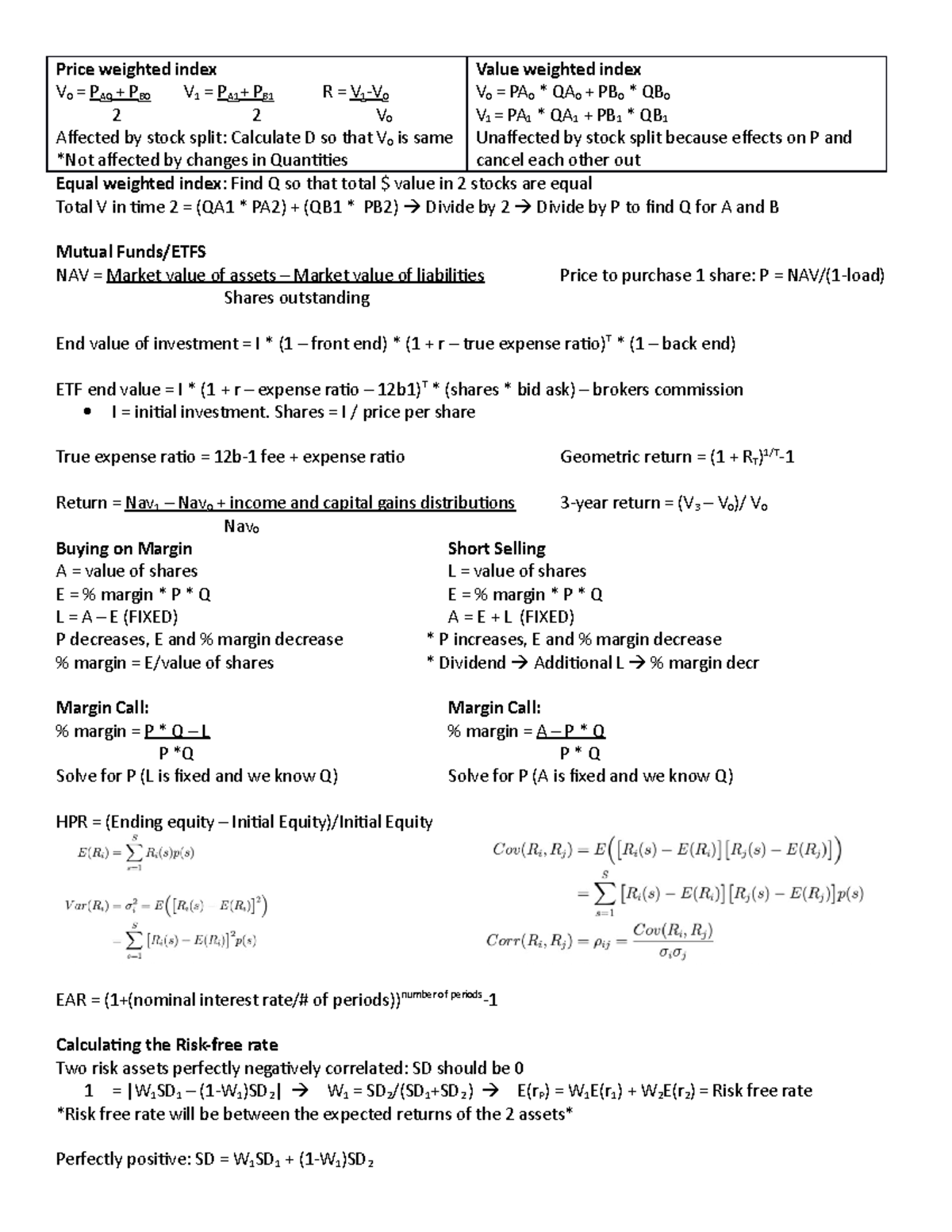 Quiz 1 cheat sheet practice exam Price weighted index V 0 = PA0
