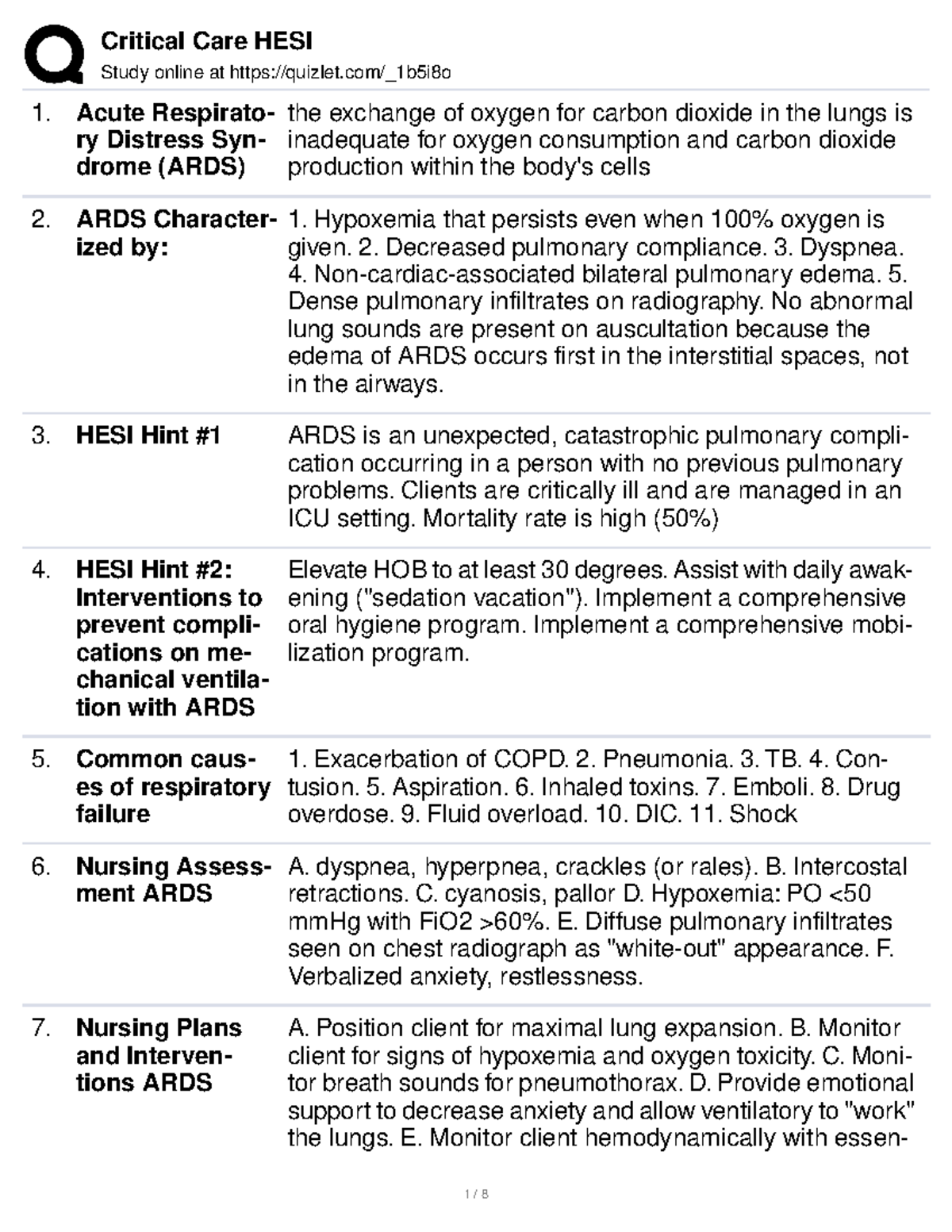 Critical Care HESI Topics - BIOL240 - Calvary - Studocu