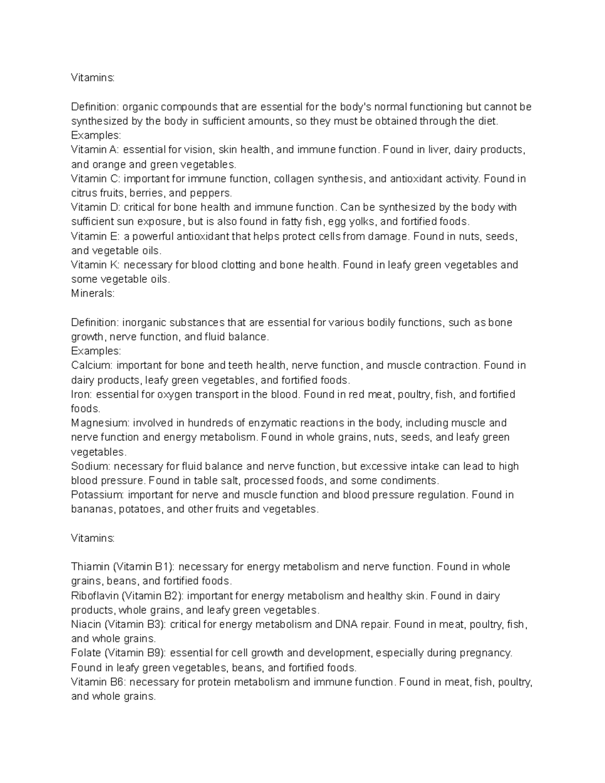 Basic Chemistry of Vitamins and Minerals human nutrition notes