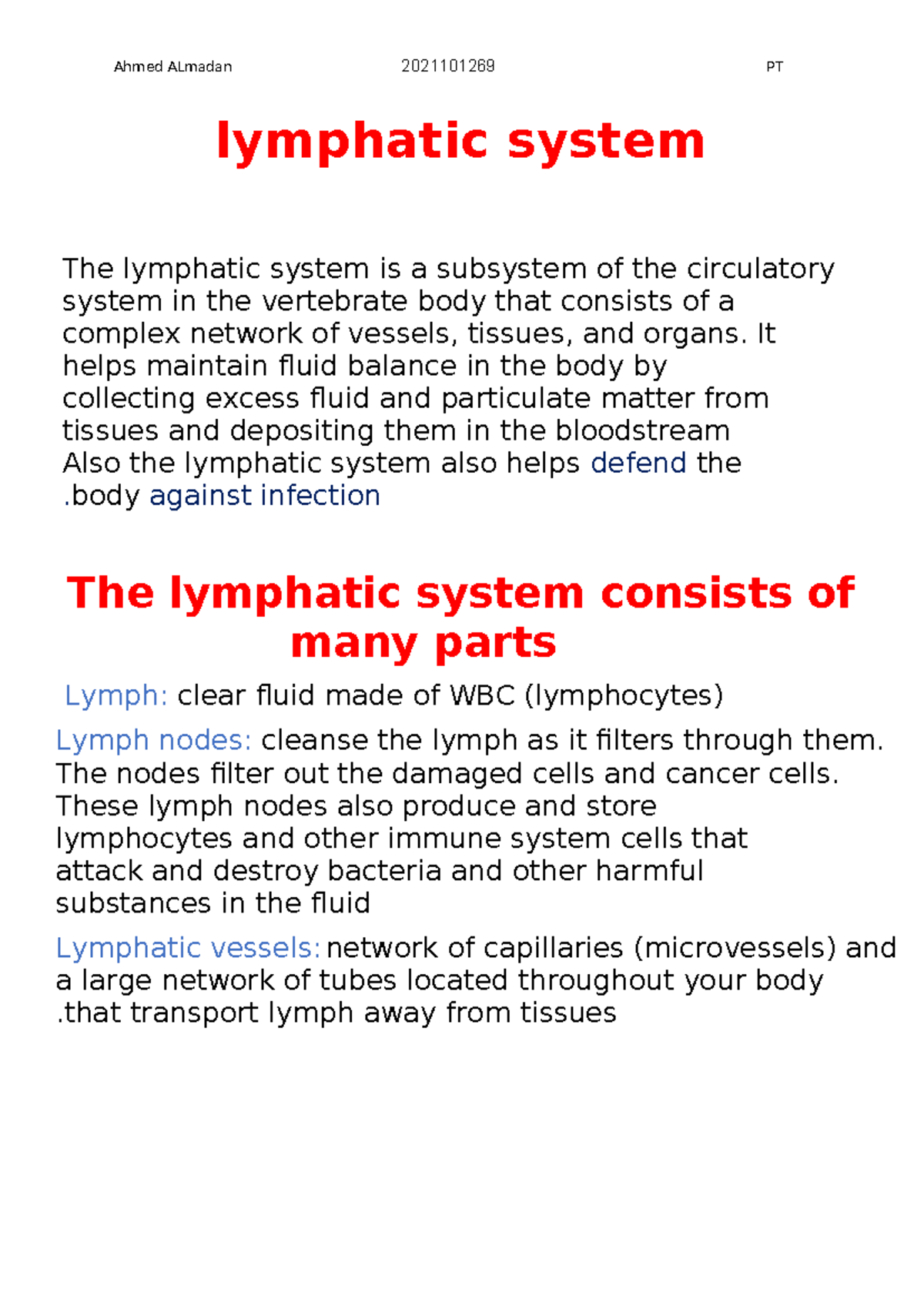 Physiology assignment - lymphatic system - Ahmed ALmadan 2021101269 PT ...