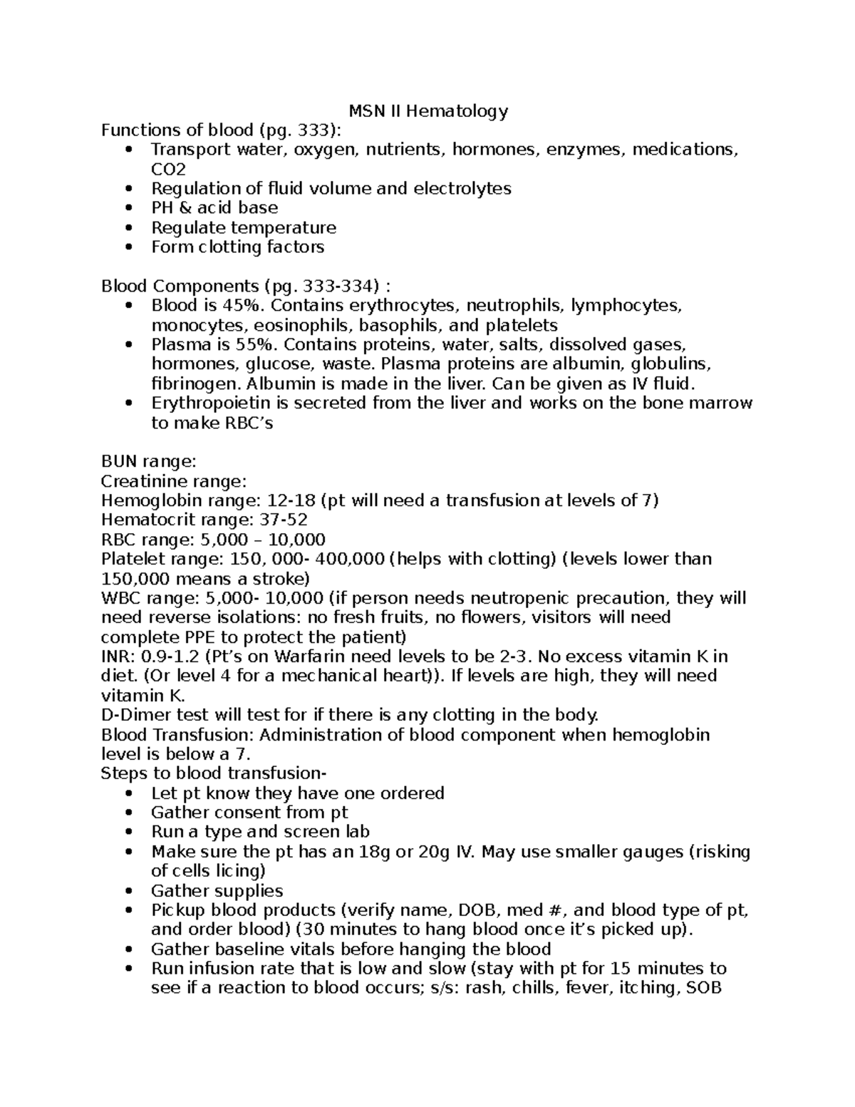 Med Surg - Hematology - Msn Ii Hematology Functions Of Blood (pg. 333 