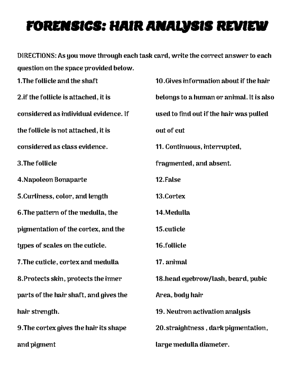 Blair Mauvais [ Student] Forensics HAIR Analysis Review FORENSICS HAIR ANALYSIS REVIEW