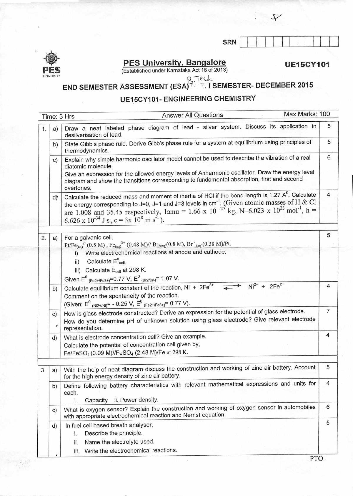 UE15CY101A - Previous year question paper. - SRN PES University ...