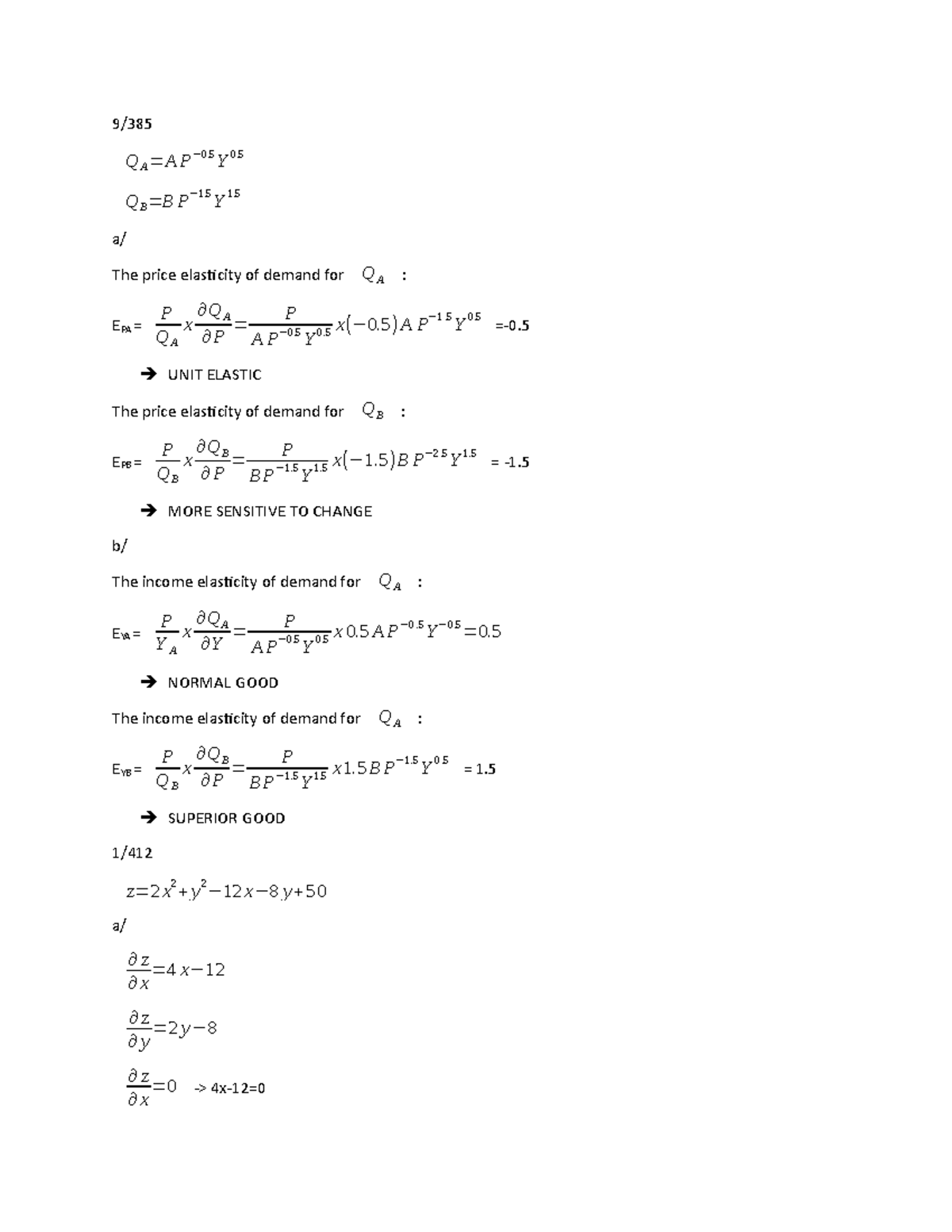 Math for bussiness - 9/ QA=A P−0. QB=B P−1. a/ The price elasticity of ...