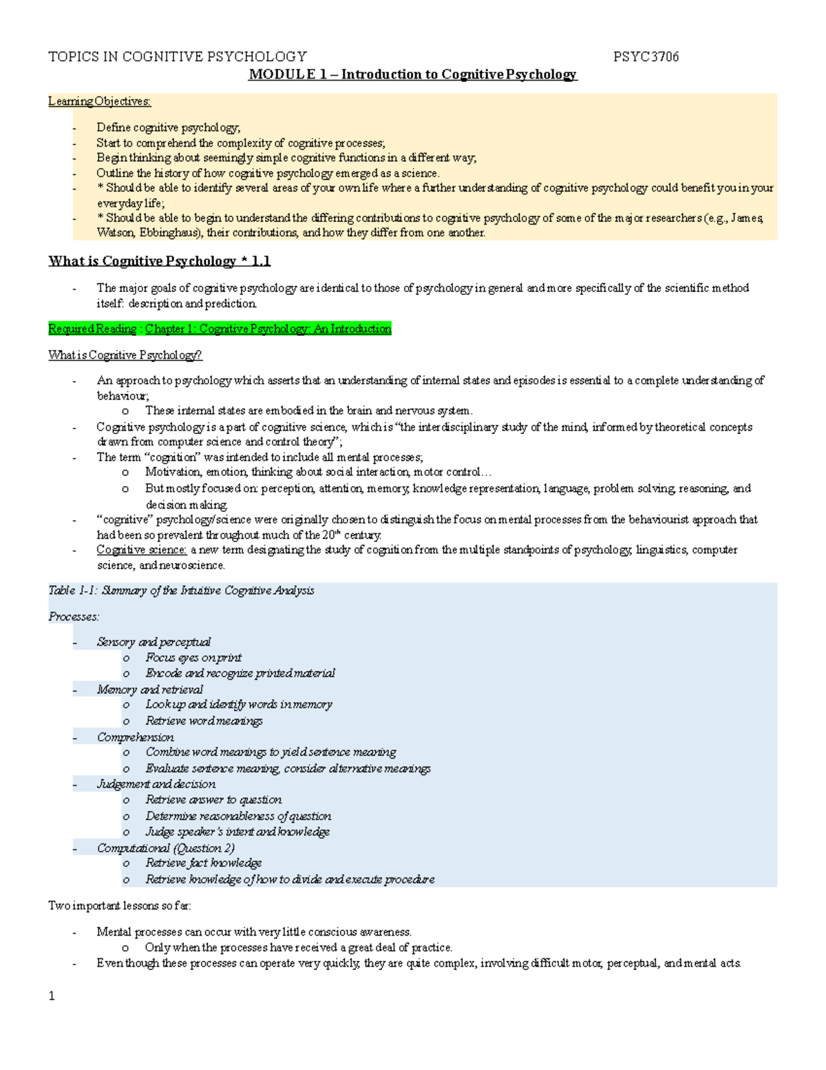 PSYC3706 - Class Notes - MODULE 1 – Introduction to Cognitive ...
