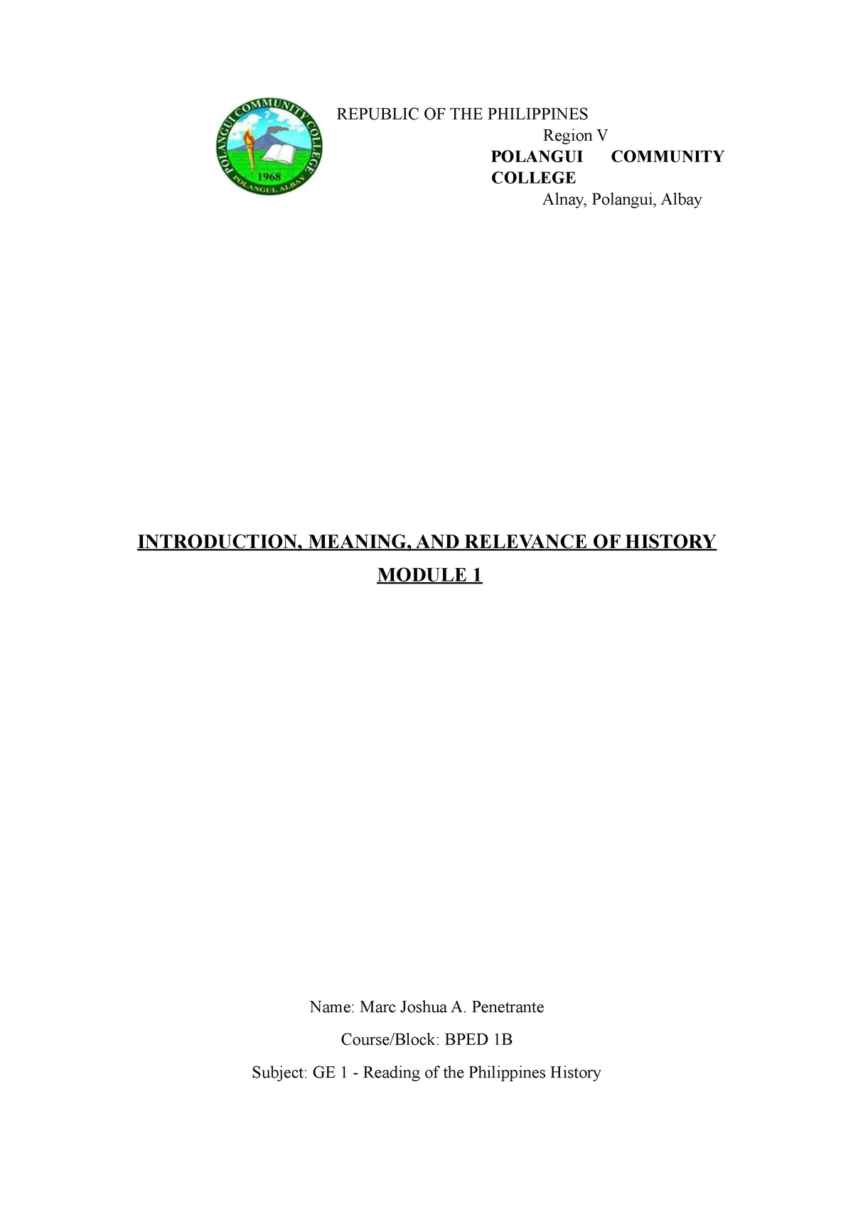 RPH ( Module 1 Section 2) - REPUBLIC OF THE PHILIPPINES Region V ...