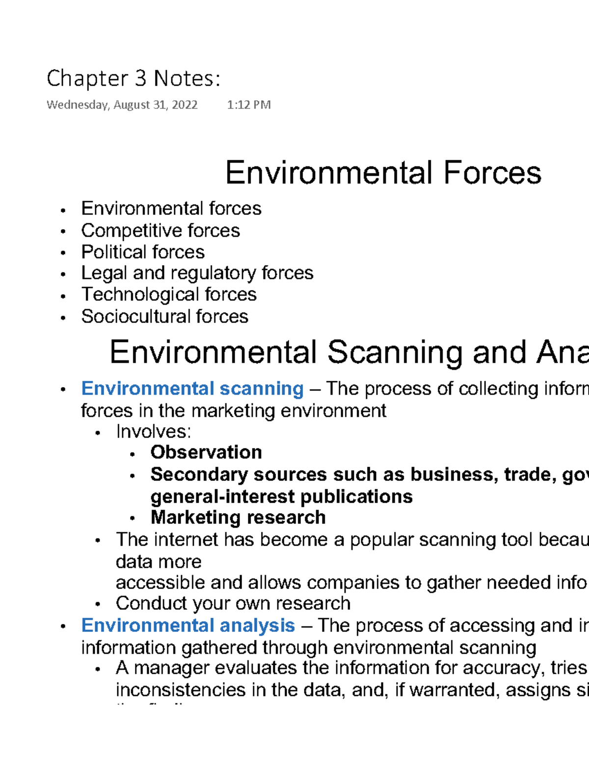 Chapter 3 Notes - Environmental Forces Environmental forces Competitive ...