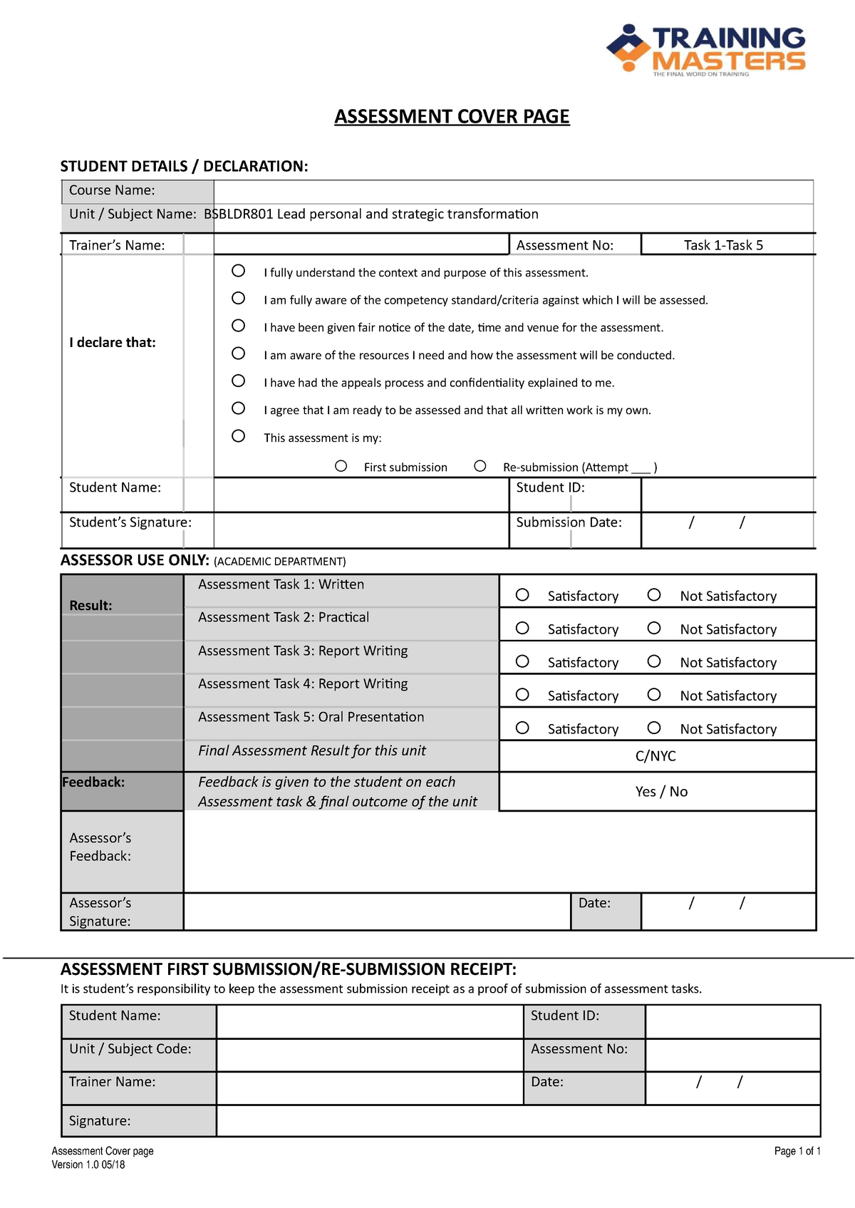 Bsbldr 801- Student Assessment Task 1-5 - ASSESSMENT COVER PAGE STUDENT ...