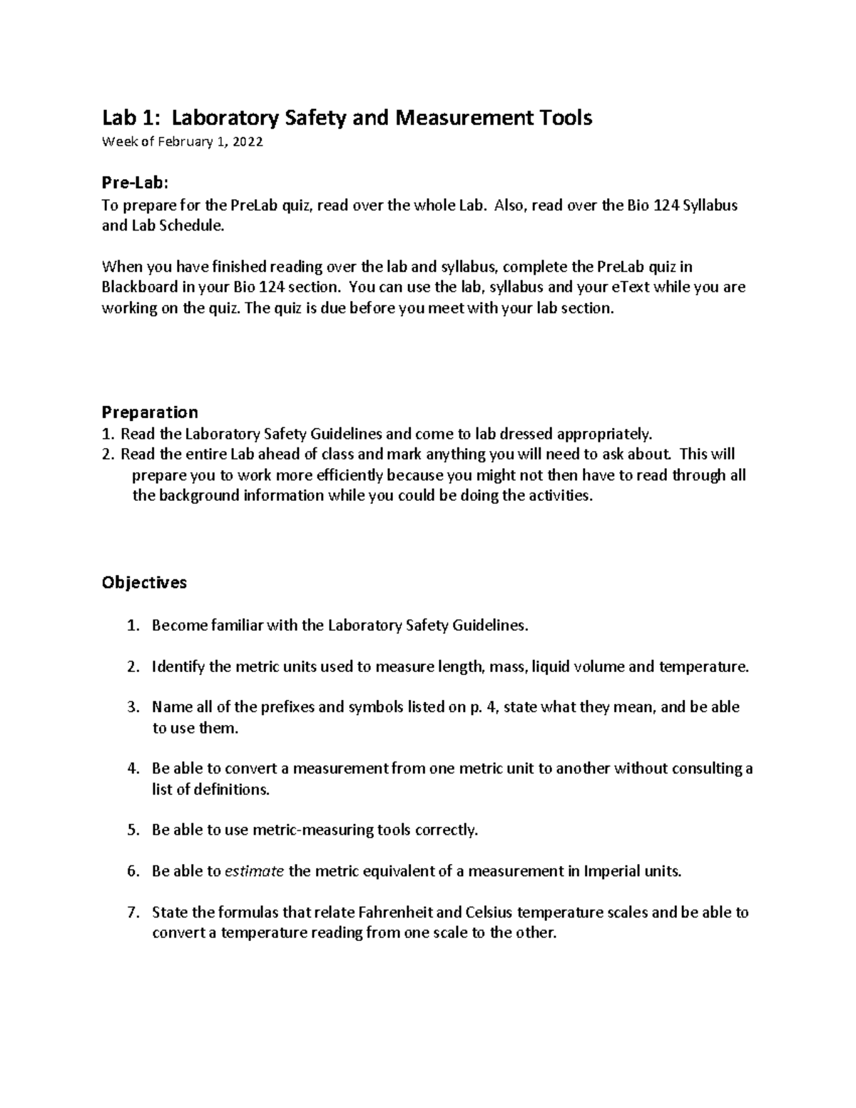 BIO 124 Lab 1 Lab Safety and Measurement Tools Lab 1 Laboratory