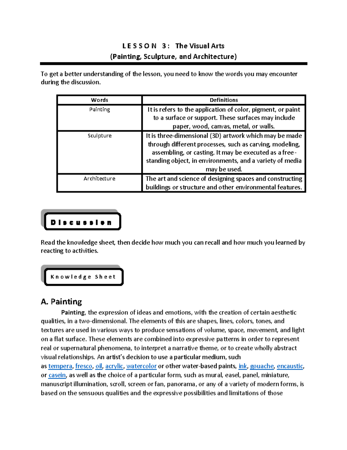 Lesson 3 L E S S O N 3 The Visual Arts (Painting, Sculpture, and