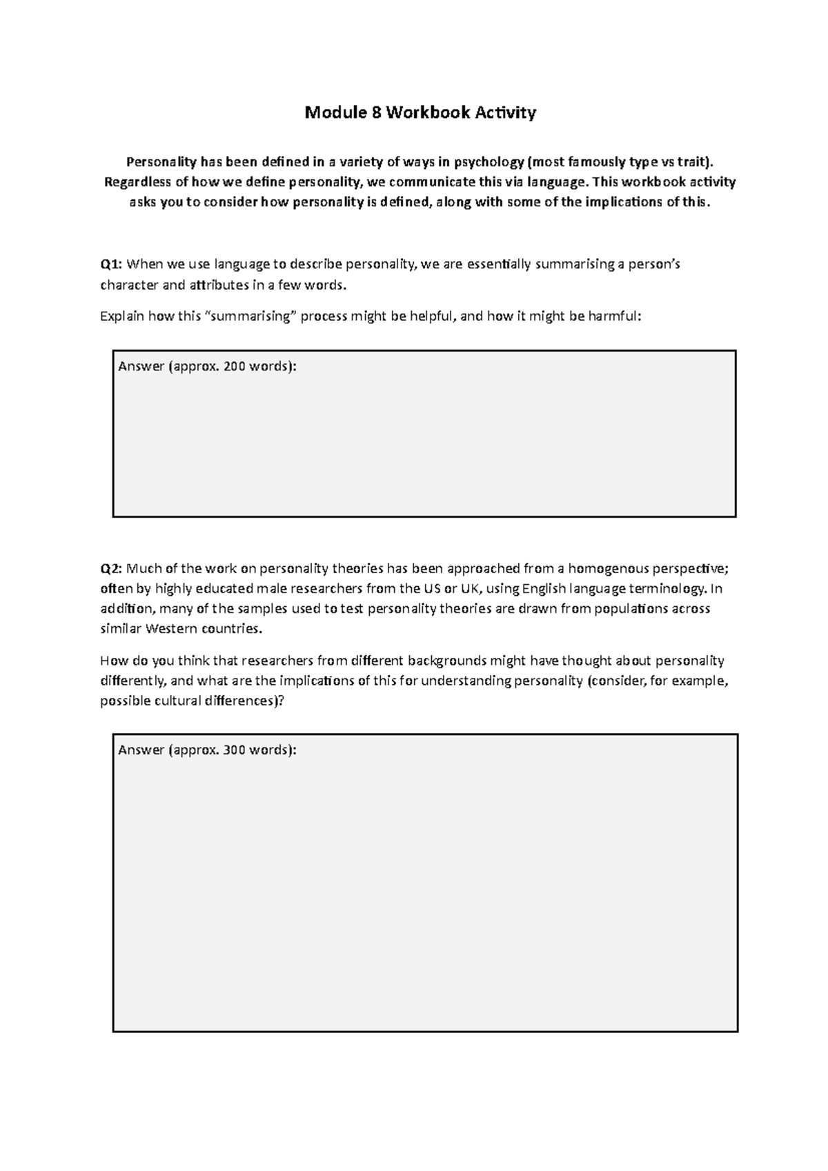 Module 8 Workbook Activity - Module 8 Workbook Activity Personality has ...