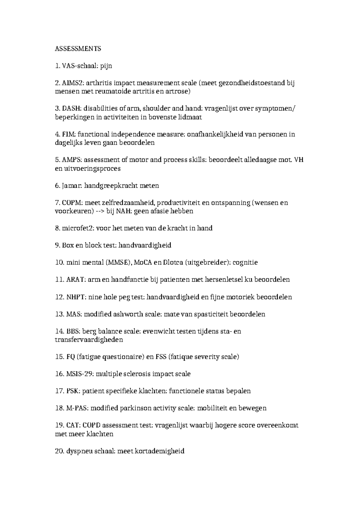 Assessments - ASSESSMENTS VAS-schaal: pijn AIMS2: arthritis impact ...