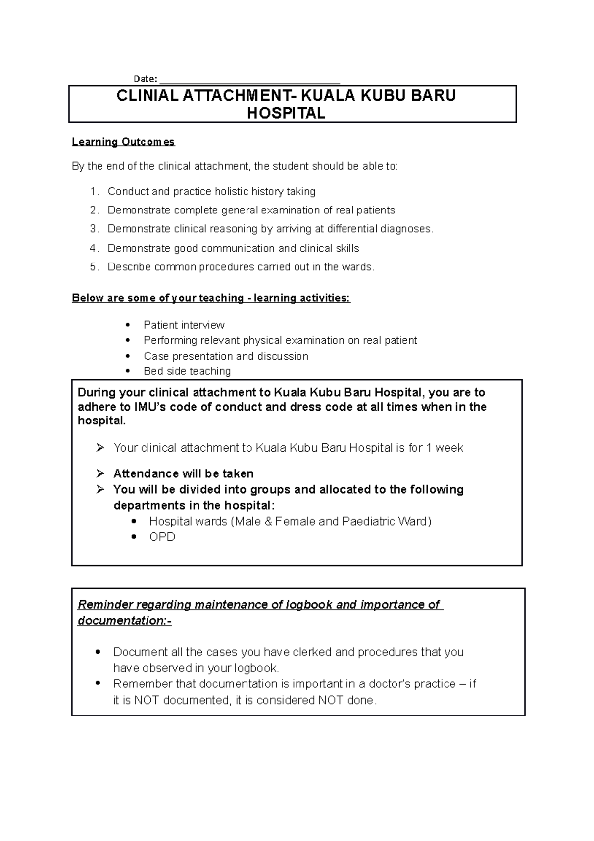 Logbook Clinical Attachment Hospital Kuala KUBU BARU Date