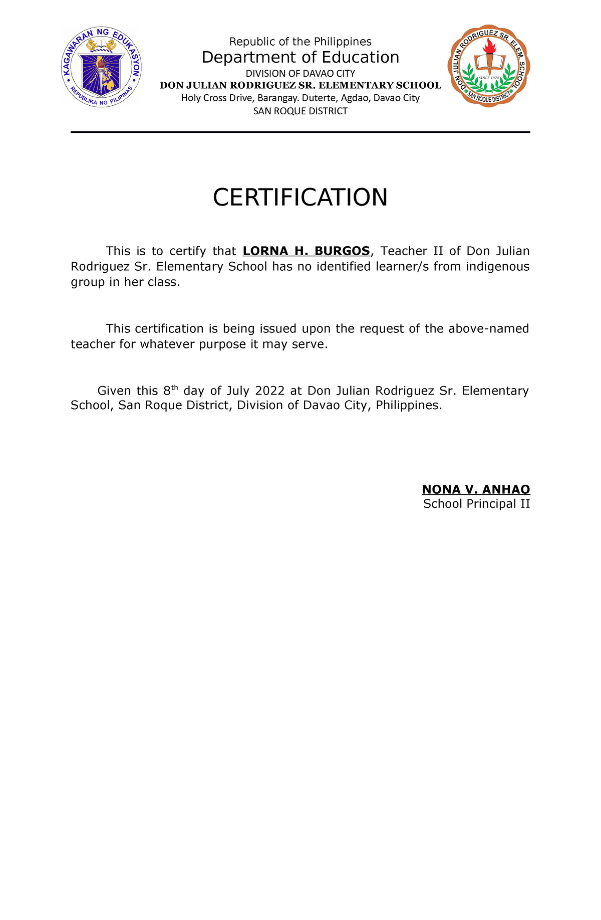 Certification of NO Identified Learner Diablities Indigenous
