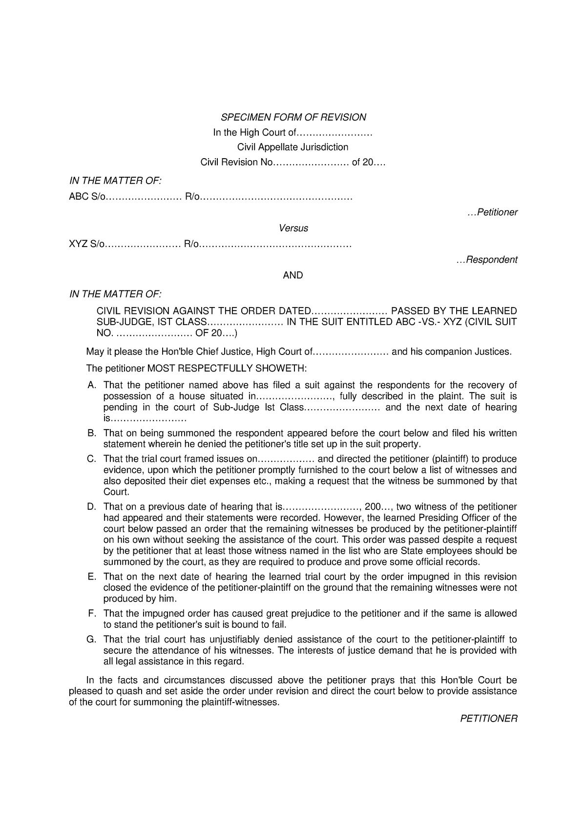 Specimen FORM OF Revision - SPECIMEN FORM OF REVISION In the High Court ...