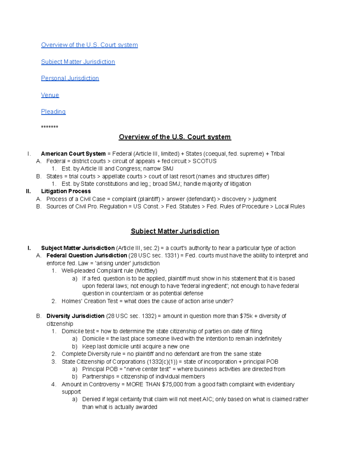 CIV PRO I Final Outline - Overview Of The U. Court System Subject ...