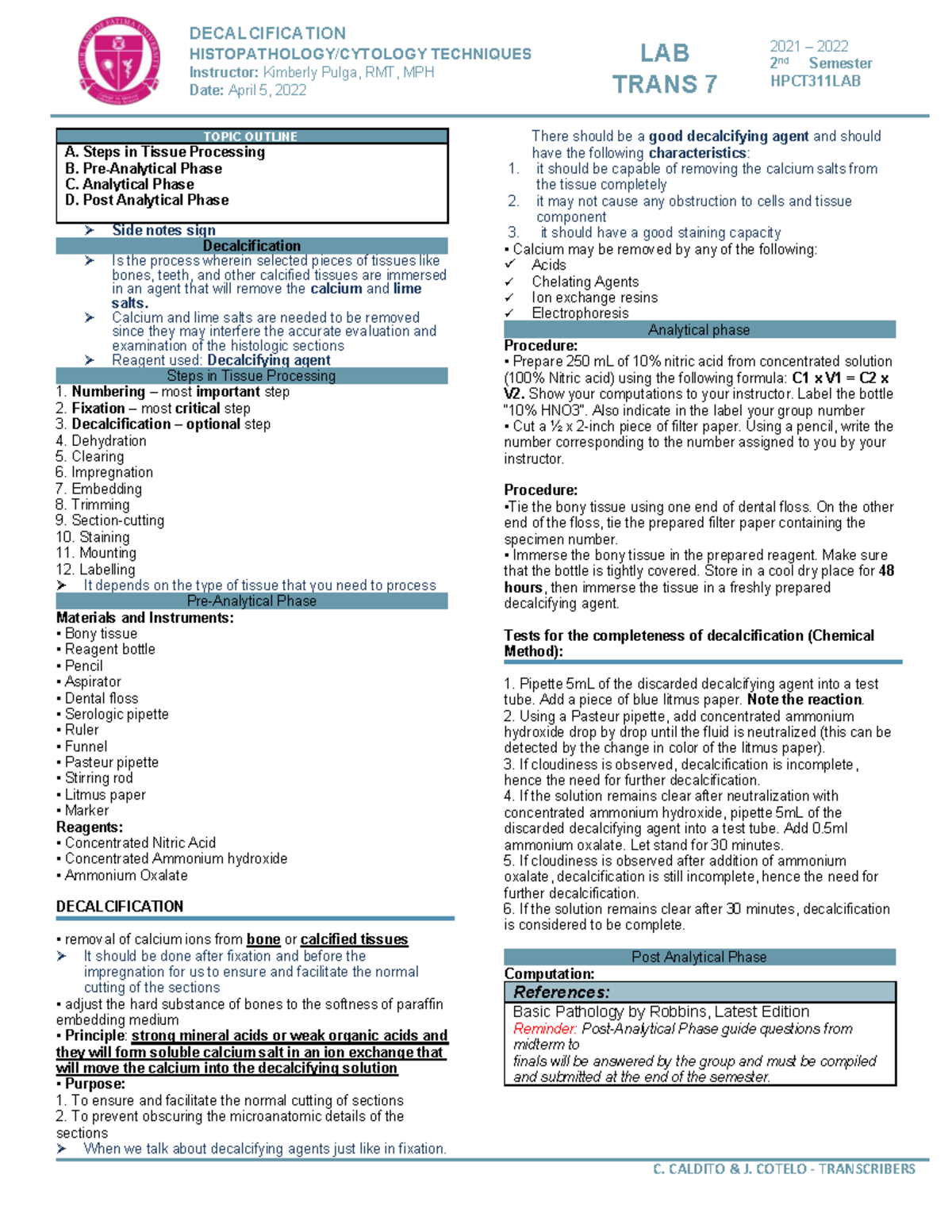 Decalcification lab - gshsjsjs - C. CALDITO & J. COTELO - TRANSCRIBERS ...