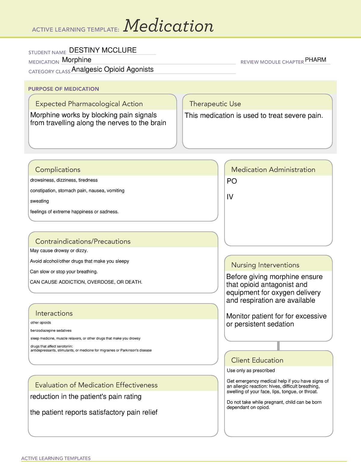Medication Morphine D Mcclure ACTIVE LEARNING TEMPLATES Medication