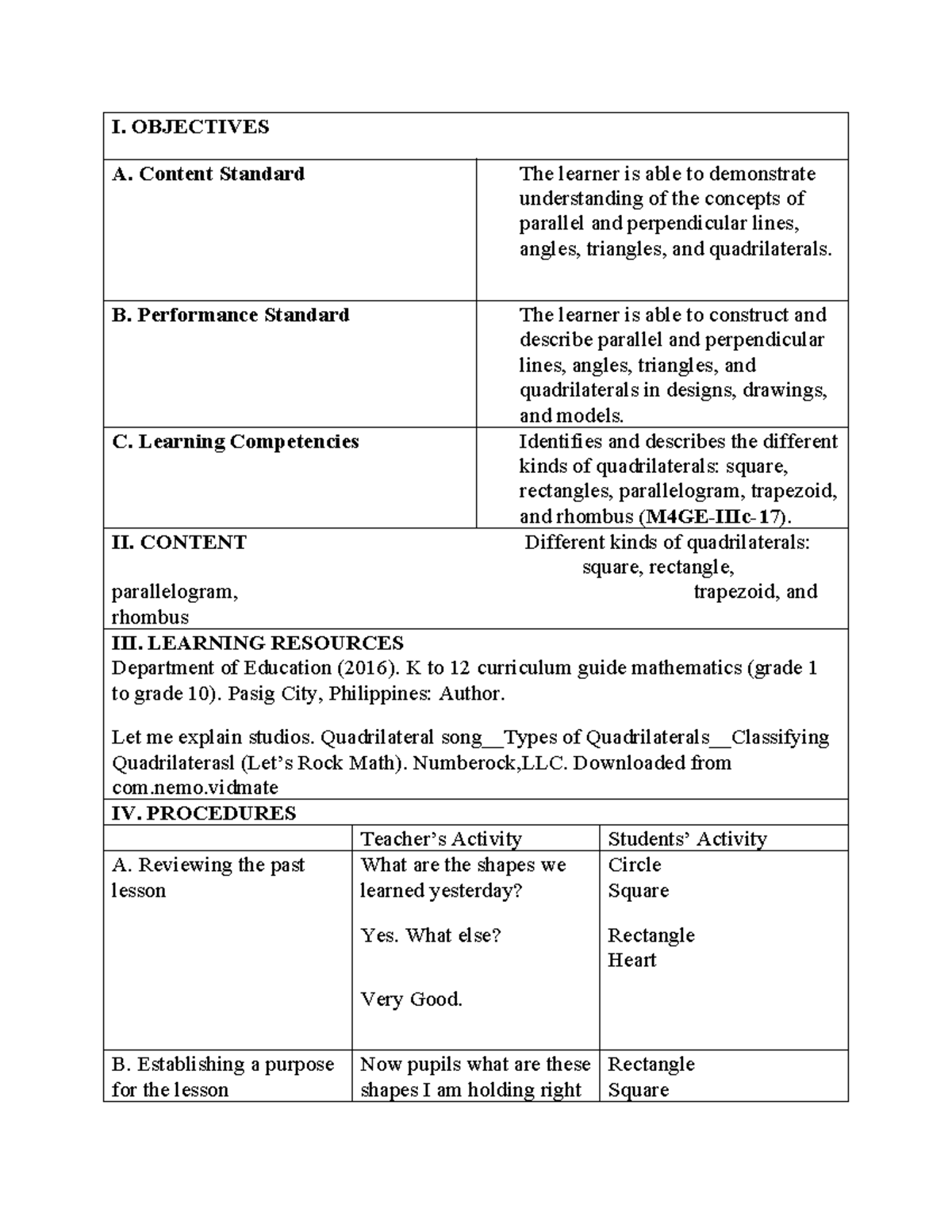 Lesson plan math Finale - I. OBJECTIVES A. Content Standard The learner ...