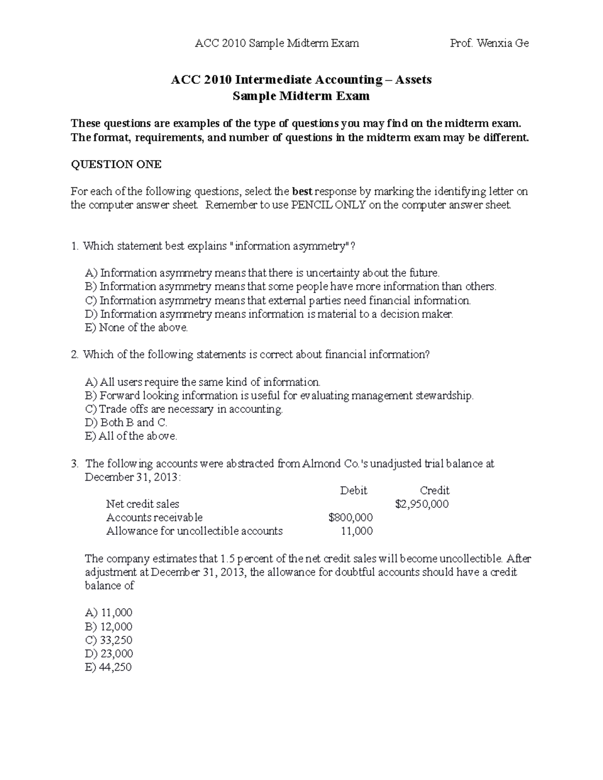 ACC2010 Sample Midterm Exam - Wenxia Ge ACC 2010 Intermediate ...