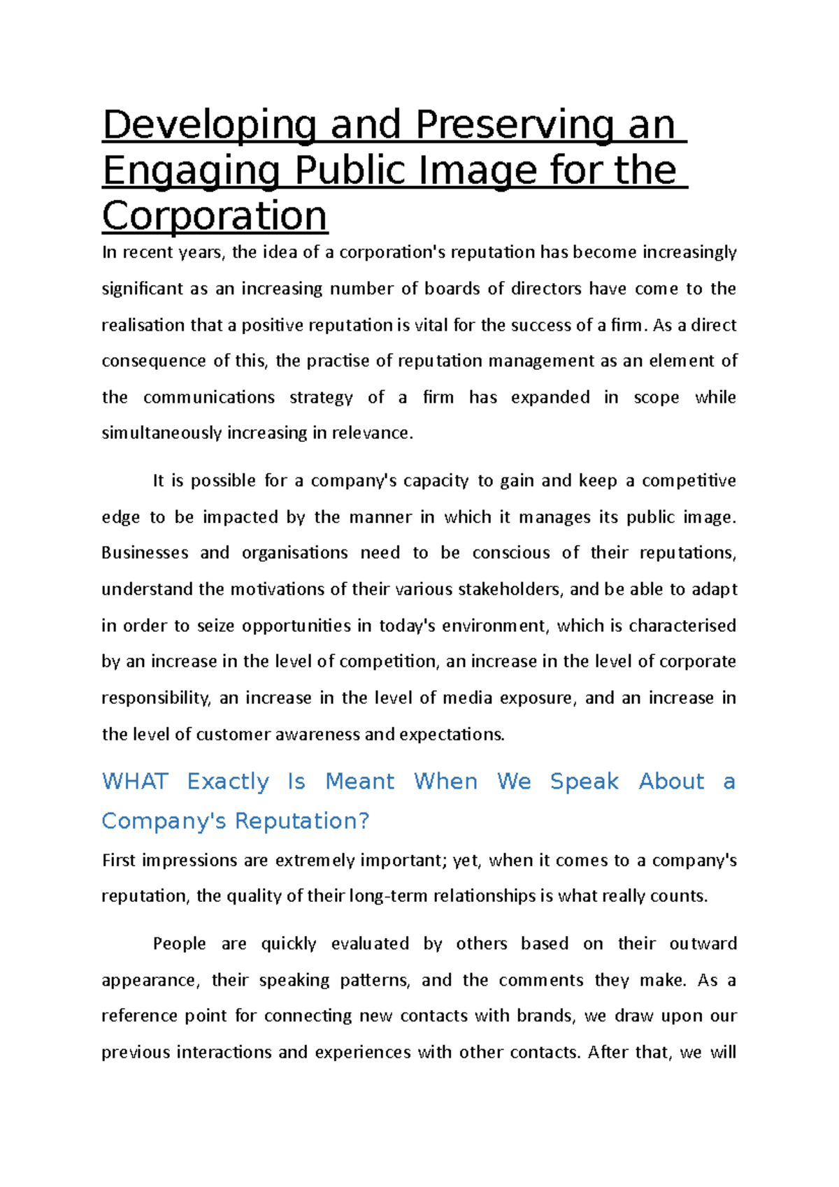 Developing and Preserving an Engaging Public Image for the Corporation ...