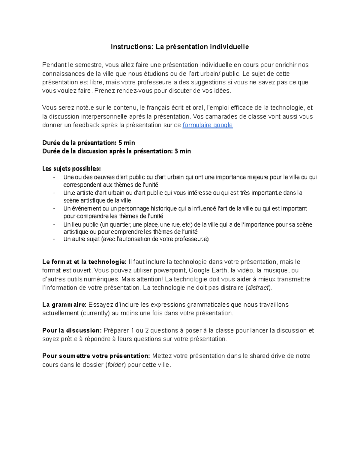 Instructions La Présentation Individuelle Instructions La