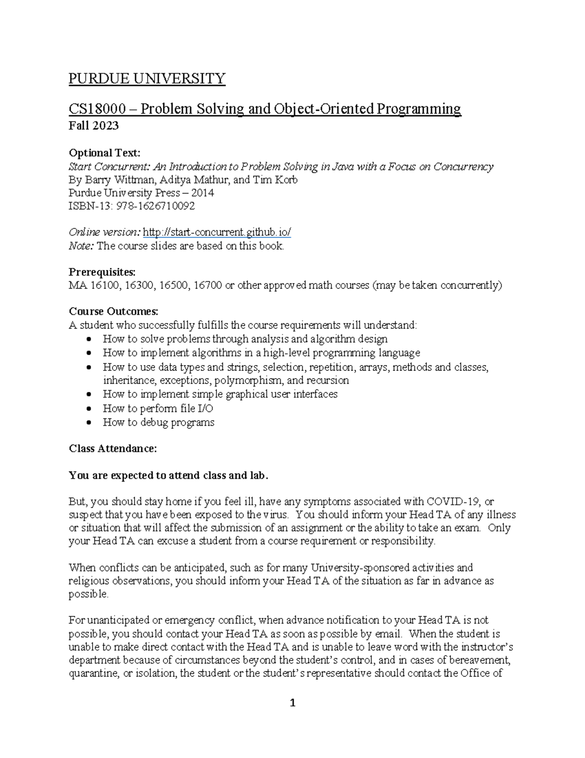 Cs18000Fall 2023syllabus PURDUE UNIVERSITY CS18000 Problem