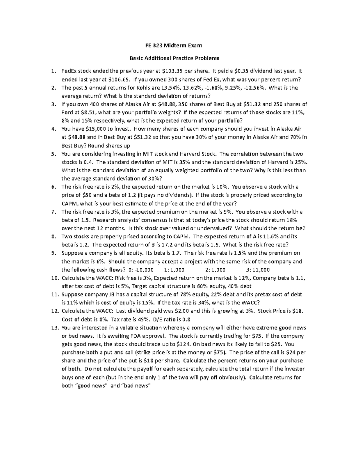 Additional Basic Practice Problems FE323 - FE 323 Midterm Exam Basic ...