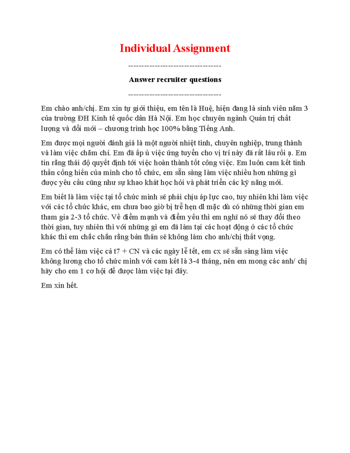 Answer recruiter questions - Individual Assignment - Answer recruiter questions - Em chào anh