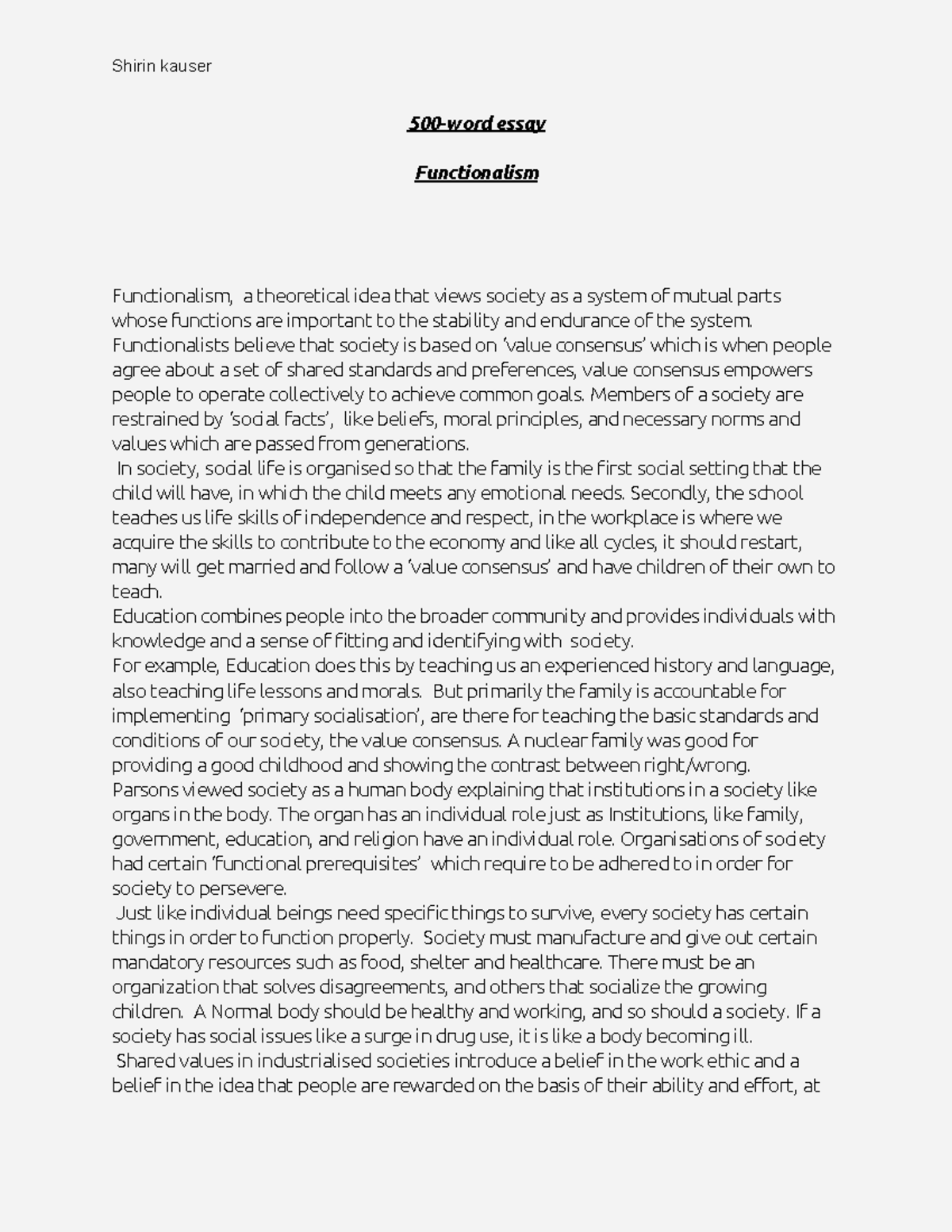 500-word essay functionalism theoretical idea that views society as a ...