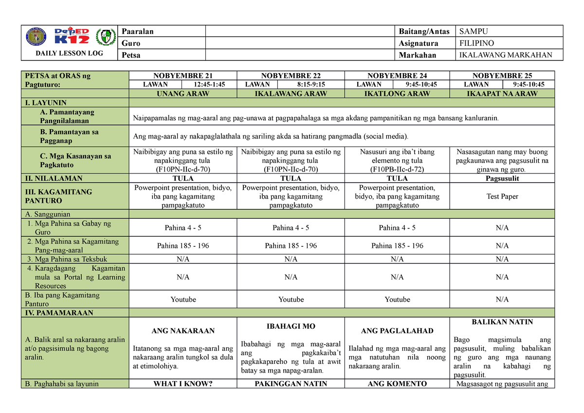 Filipino 10 - DLL - WEEK 3 - Second Quarter 2 - DAILY LESSON LOG ...