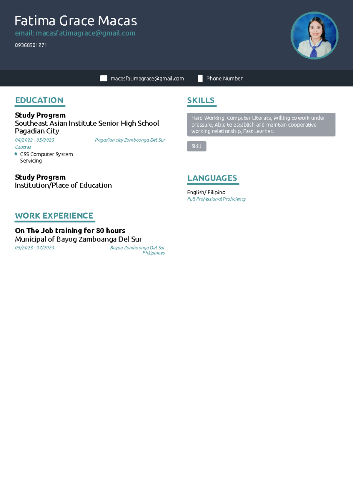 Fatima's Resume - For examination - Fatima Grace Macas email ...