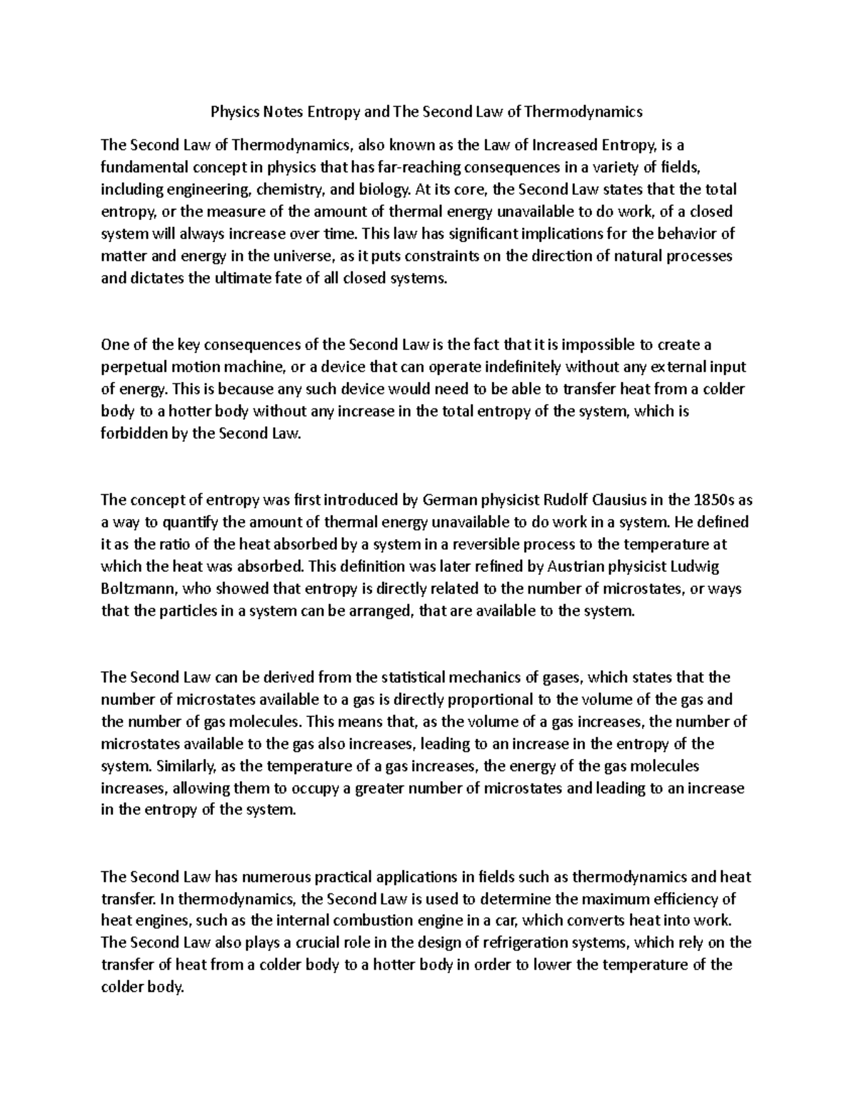 Physics Notes Entropy and The Second Law of Thermodynamics - At its ...