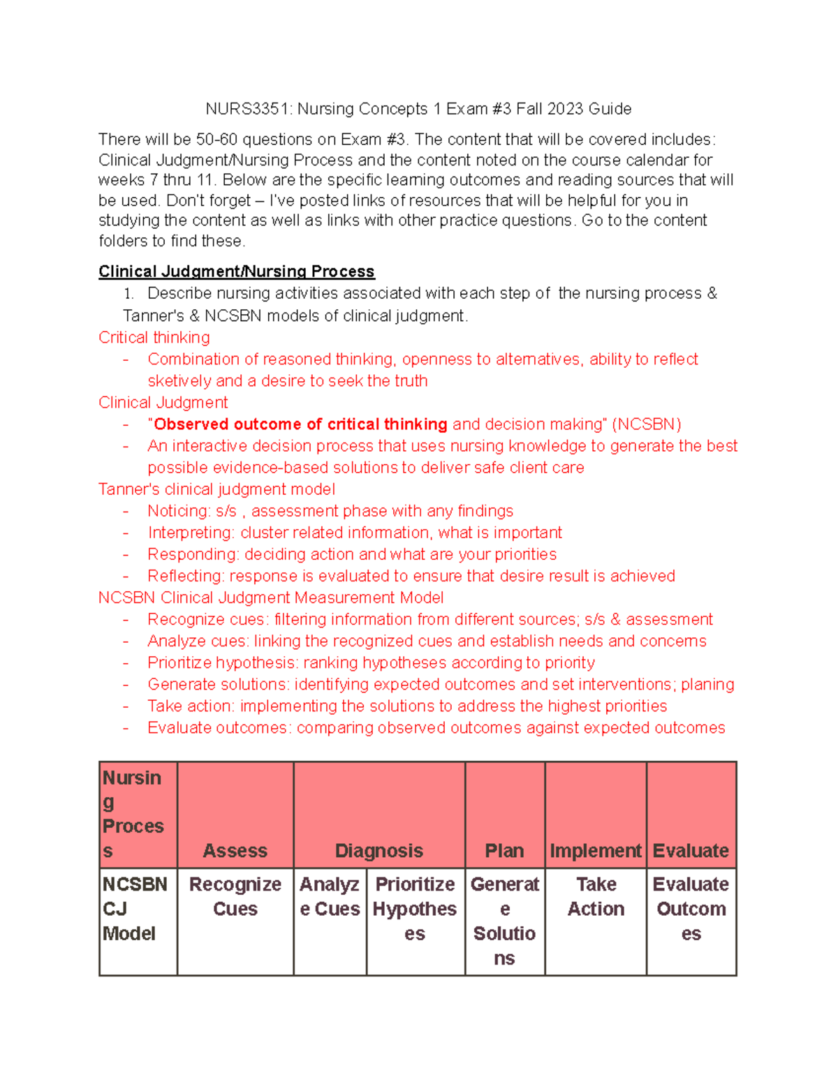 Concepts Exam 3 - Exam notes - NURS3351: Nursing Concepts 1 Exam #3 ...