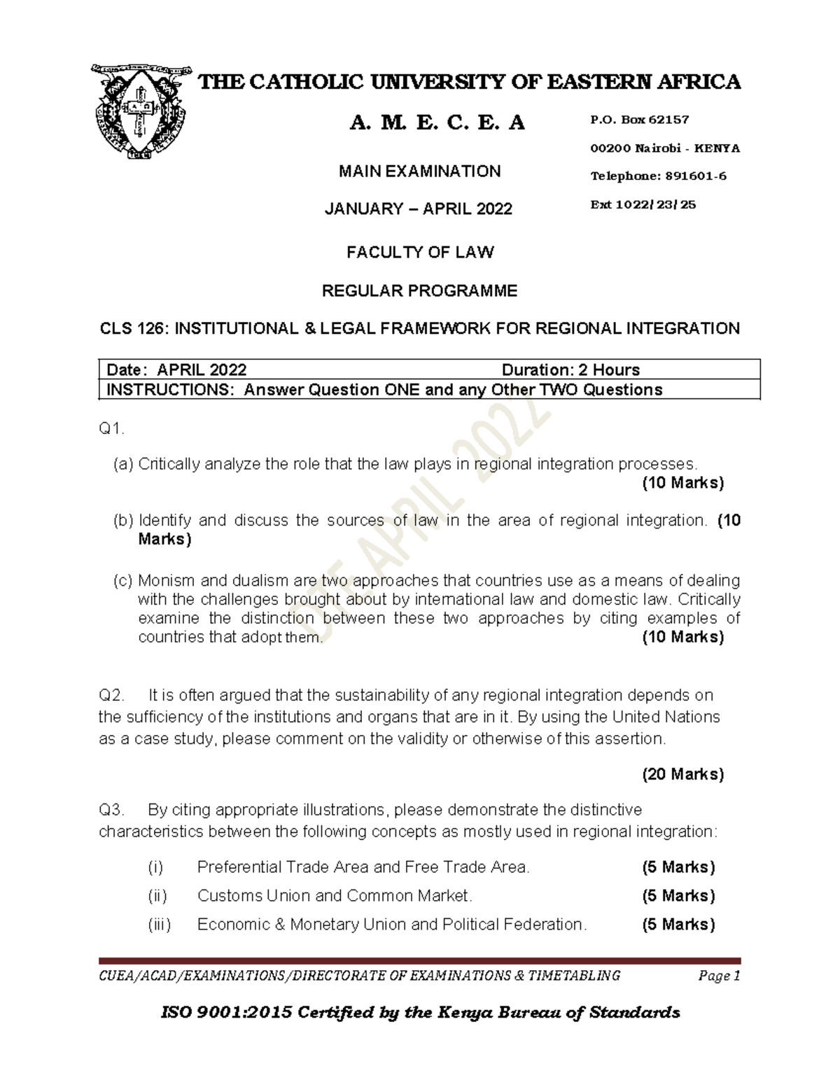 CLS 133 - Paper - THE CATHOLIC UNIVERSITY OF EASTERN AFRICA MAIN ...
