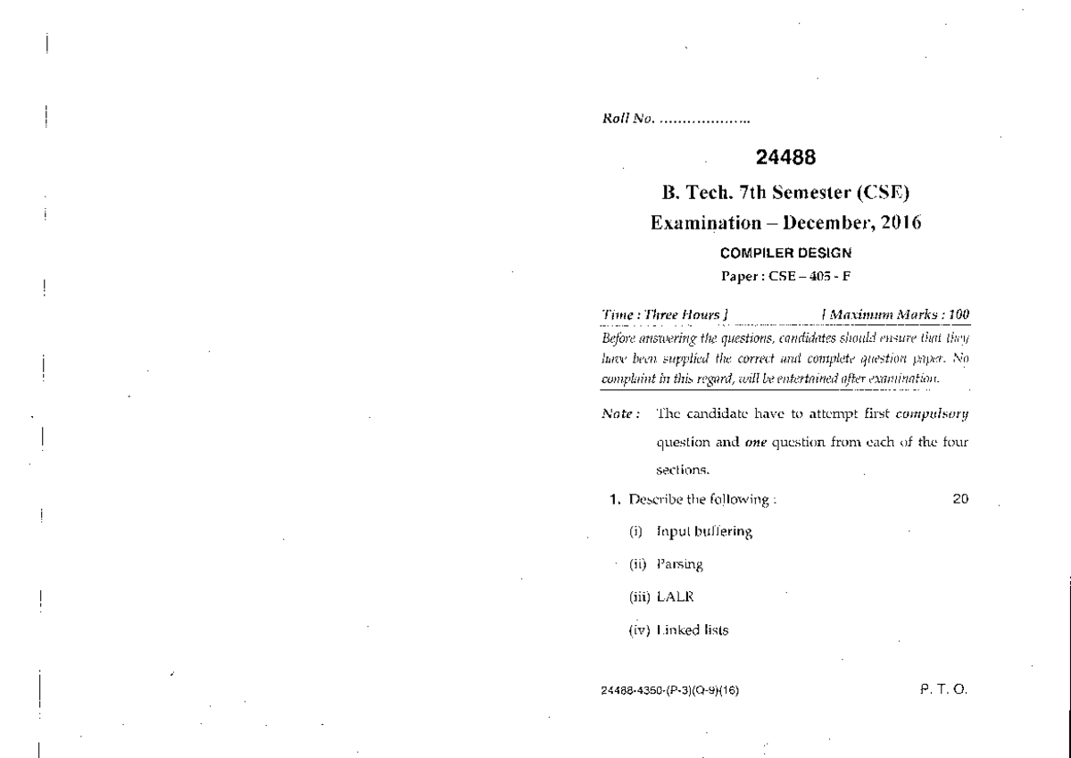 Btech cse 7 sem compiler design 24488 dec 2016 - b.com programe - Studocu