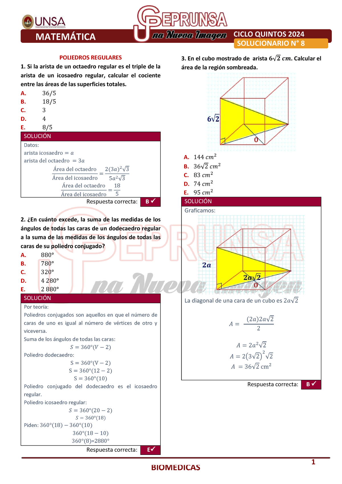 10 S8 B Matematica Ciclo Quintos 2024 1 MatemÁtica Solucionario N° 8 Poliedros Regulares Si