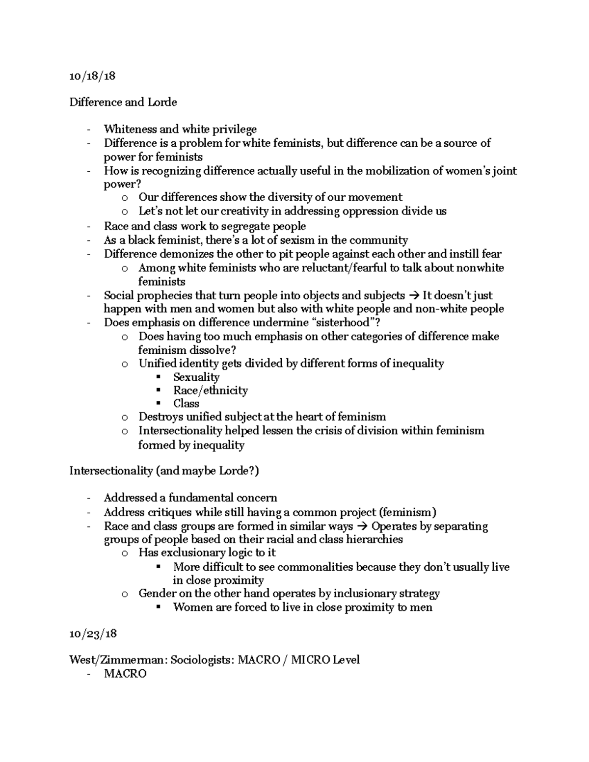 Second Exam Notes 10 18 18 Difference And Lorde Whiteness And White Privilege Difference Is