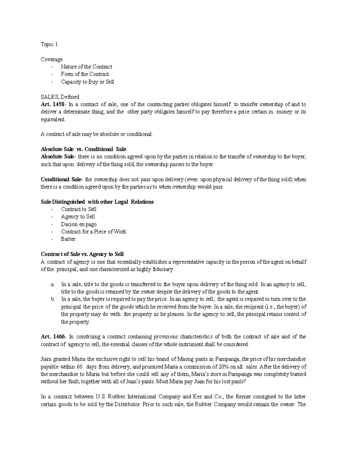 Topic-1 The Law on Sales - Topic 1 Coverage - Nature of the Contract ...