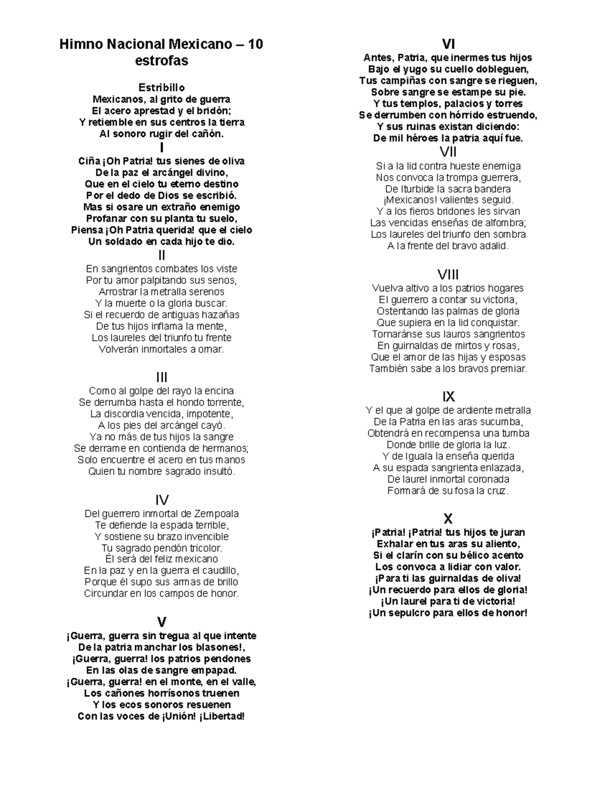 Himno Nacional 10 estrofas - Himno Nacional Mexicano – 10 estrofas ...