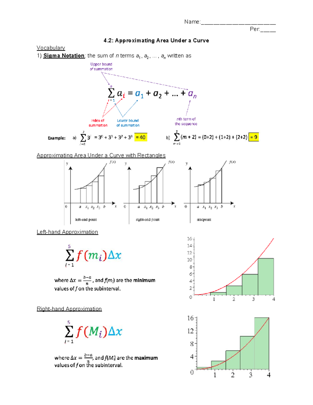 Approximating Area Under a Curve - Name:________________________ Per ...