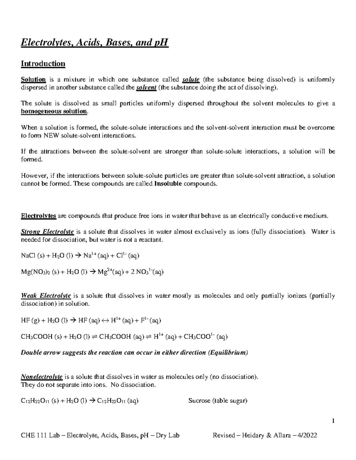 Electrolytes acids and Bases p H Dry Lab 2022 1 Electrolytes